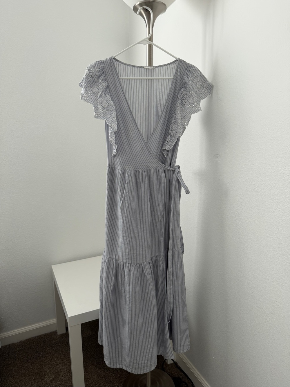 GAP Light Blue and White Striped Wrap Maxi Dress with Lace Sleeves
